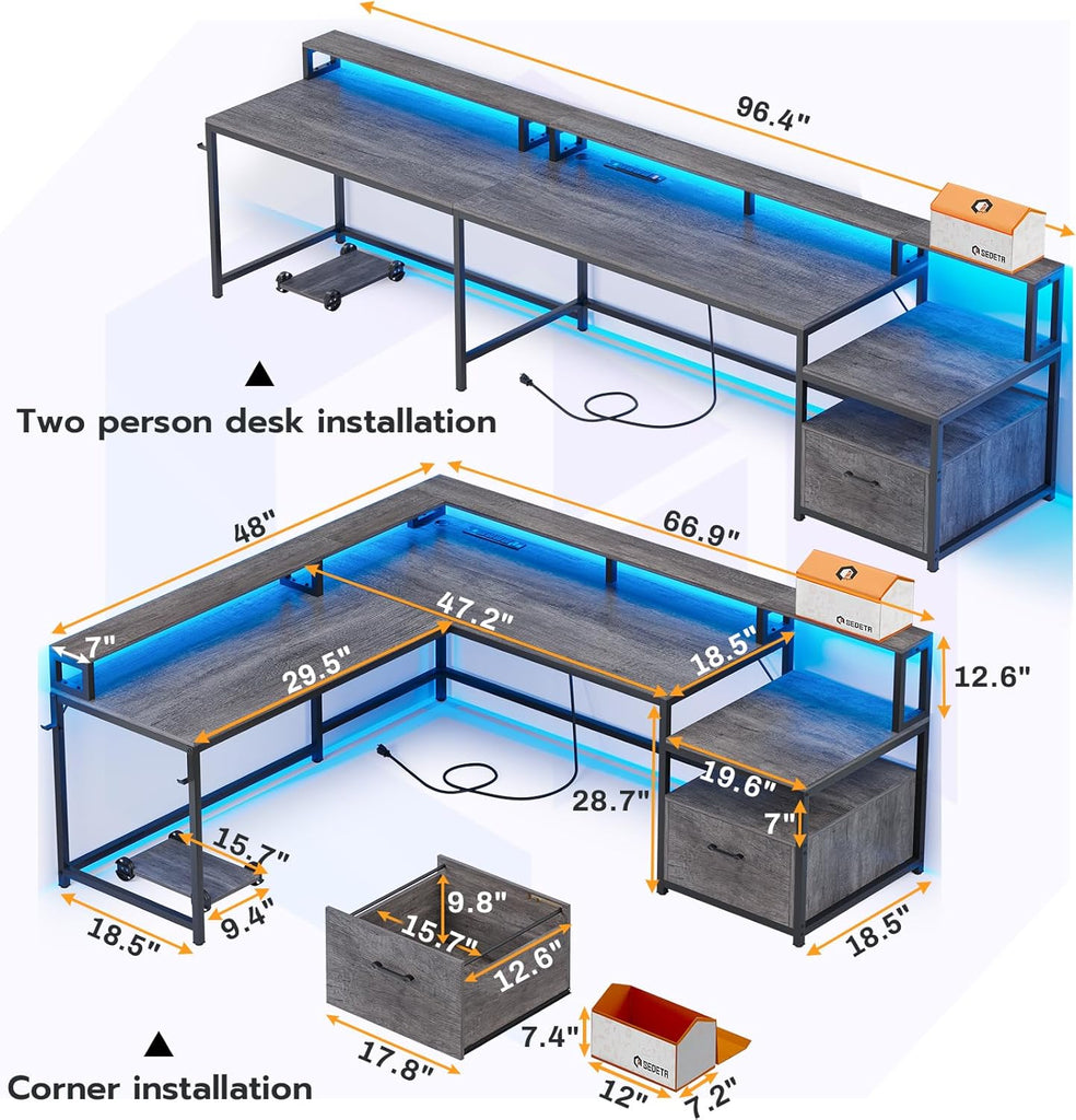 L Shaped Desk, 66" Home Office Desk with Wood File Drawer & Power Outlet, Gaming Desk with Led Lights