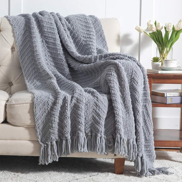 Throw Blankets, Warm Decorative Boho Throw with Tassels, Grey, 50x60 Inches