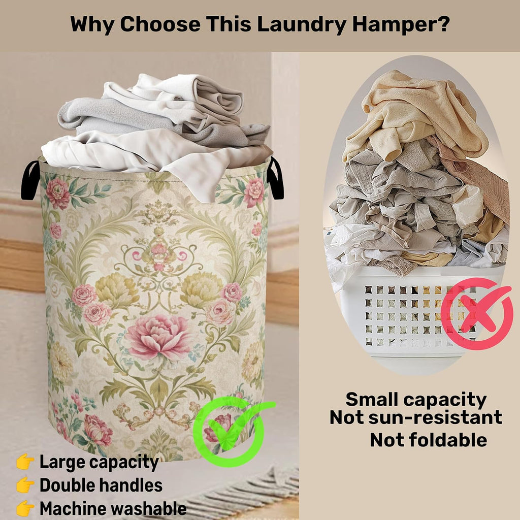 Shabby Chic Rose Laundry Basket with Handles - Extra Large Foldable Hamper /Laundry/Bedroom/Dorm, Washable Fabric