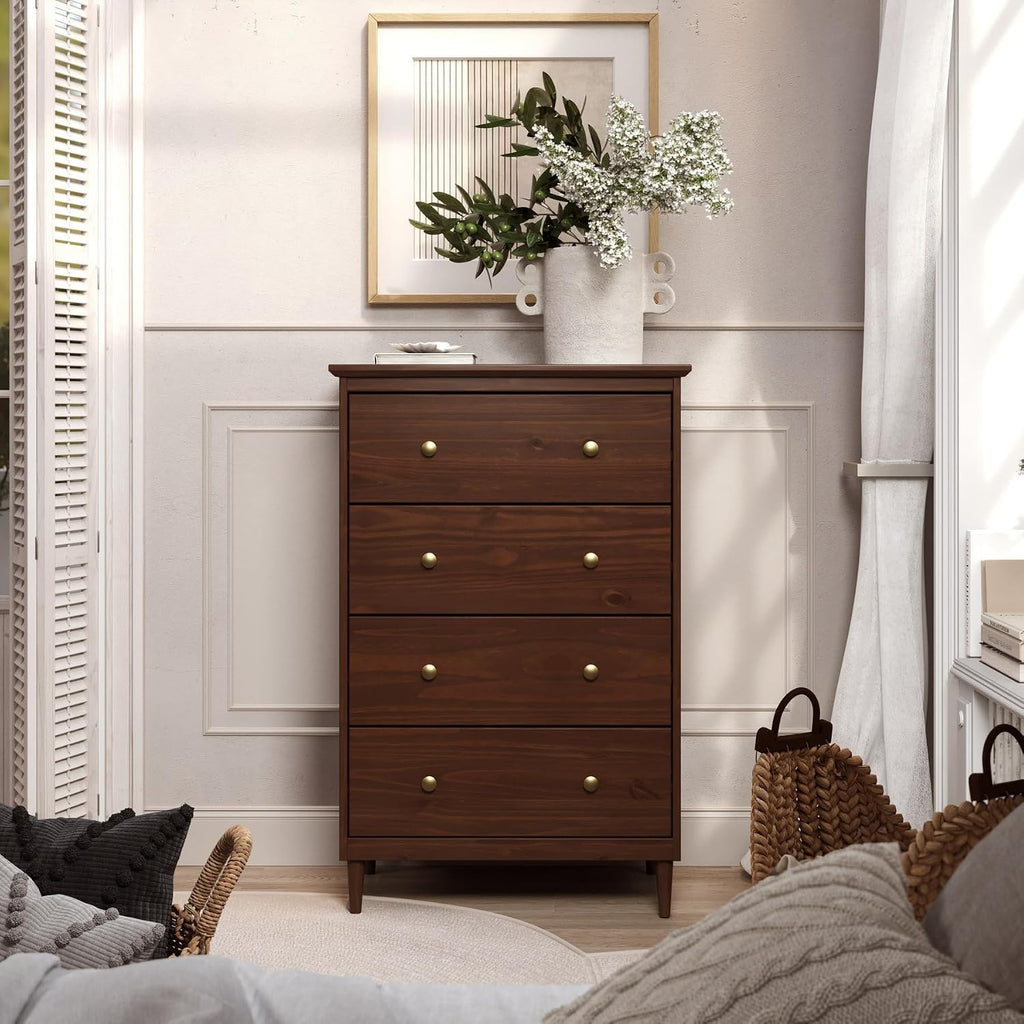 Solid Pine Wood 4 Drawer Dresser Spencer, Walnut