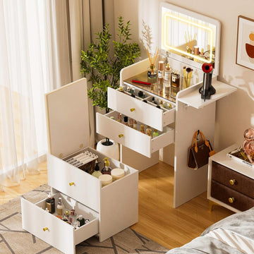 Makeup Vanity Desk with Mirror and Lights, Small 3 in 1 Vanity Table with Visible Glass Top, Flip Top & 3 Drawers