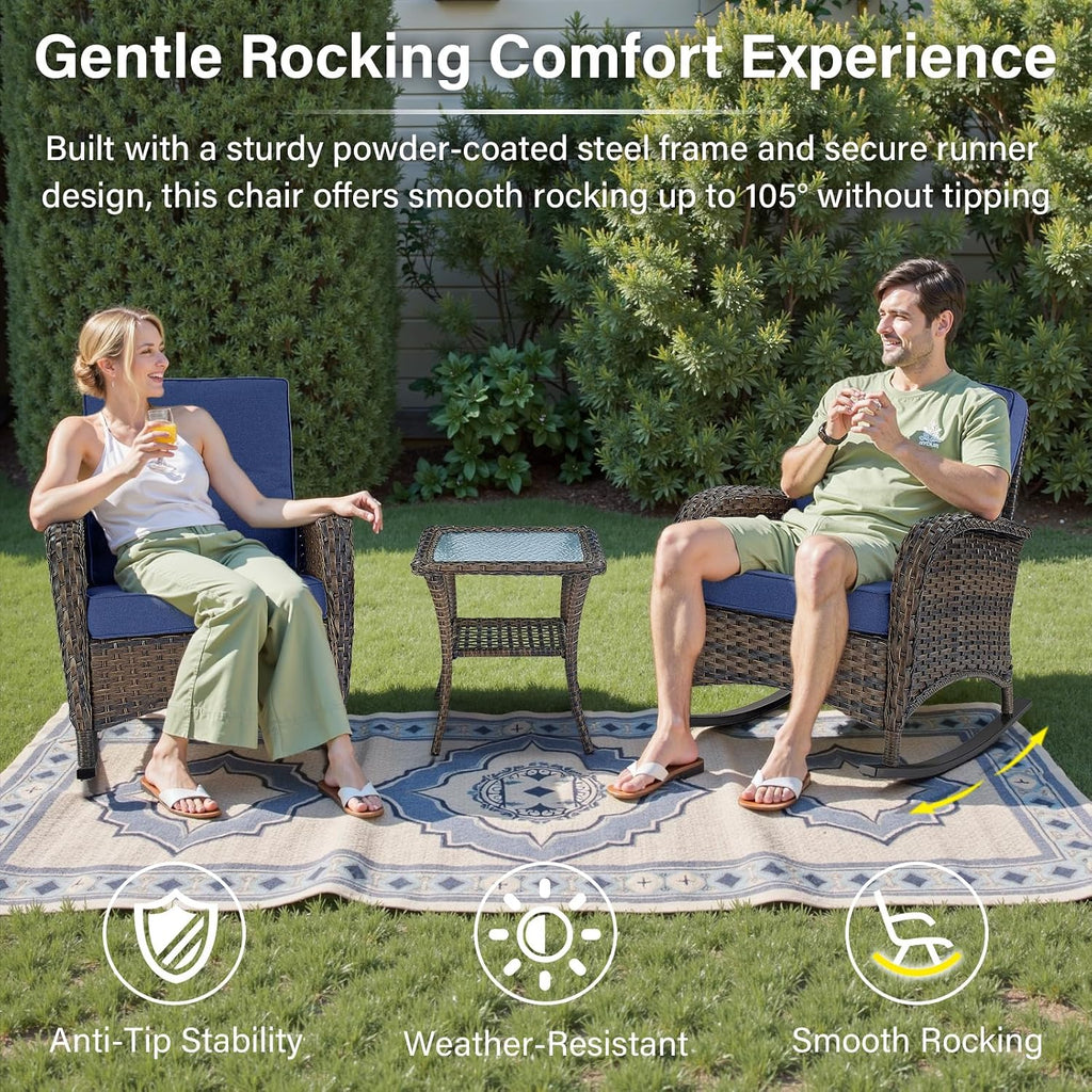 Patio Rocking Chair Wicker Chair, 1 Piece Outdoor Rocking Chair Seating with Cushions for Porch Deck Balcony