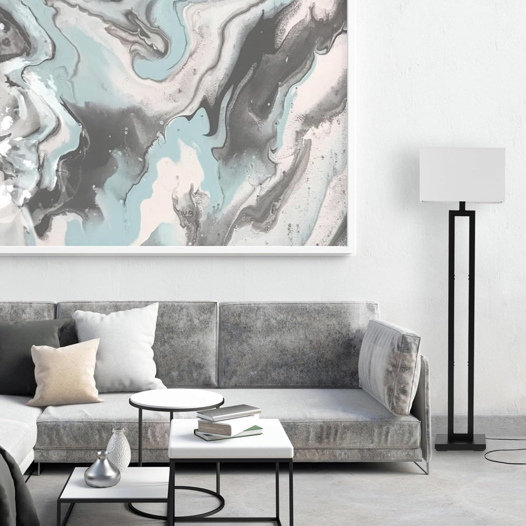 67046 58" Floor Lamp, Matte Black Finish, White Linen Rectangular Shade, Modern Geometric Cutout Design, E26 Base