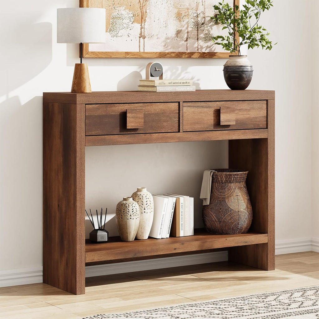 Console Table with Drawers, 40 Inch Narrow Entryway Table with Open Storage Shelves, Mid Century Modern Hallway