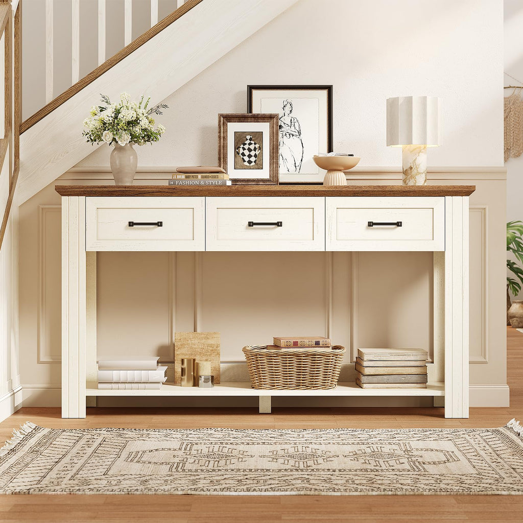 55" Farmhouse Console Table with 3 Drawers, Rustic Entryway Table