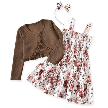 Toddler Girl Dress Floral Strap Smocked Sundress for Girls Long Sleeve Cardigan 2 Pieces Set Fall Winter Spring