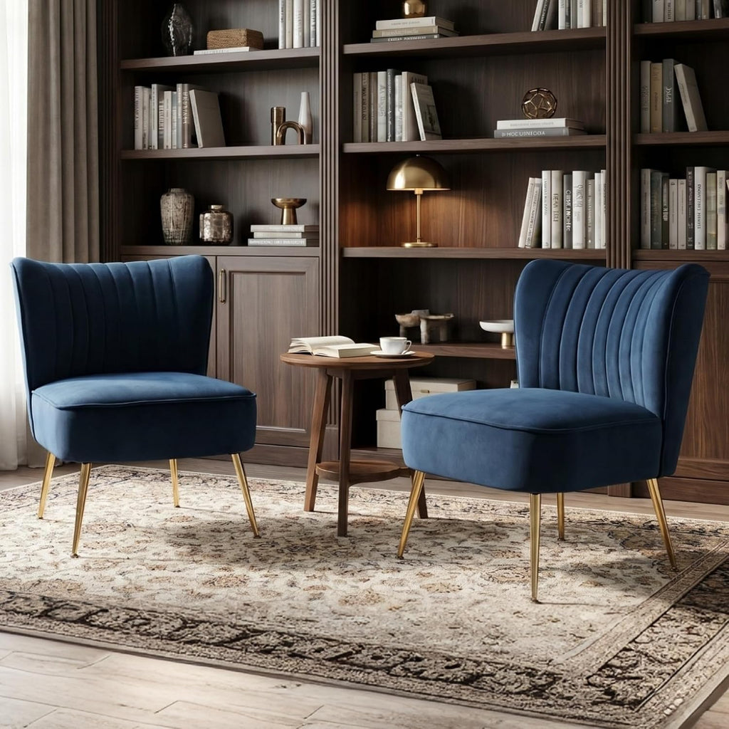Velvet Accent Chair Set of 2 Comfy Living Room Chair Armless Slipper Chair Mid Century Side Single Sofa Chair with