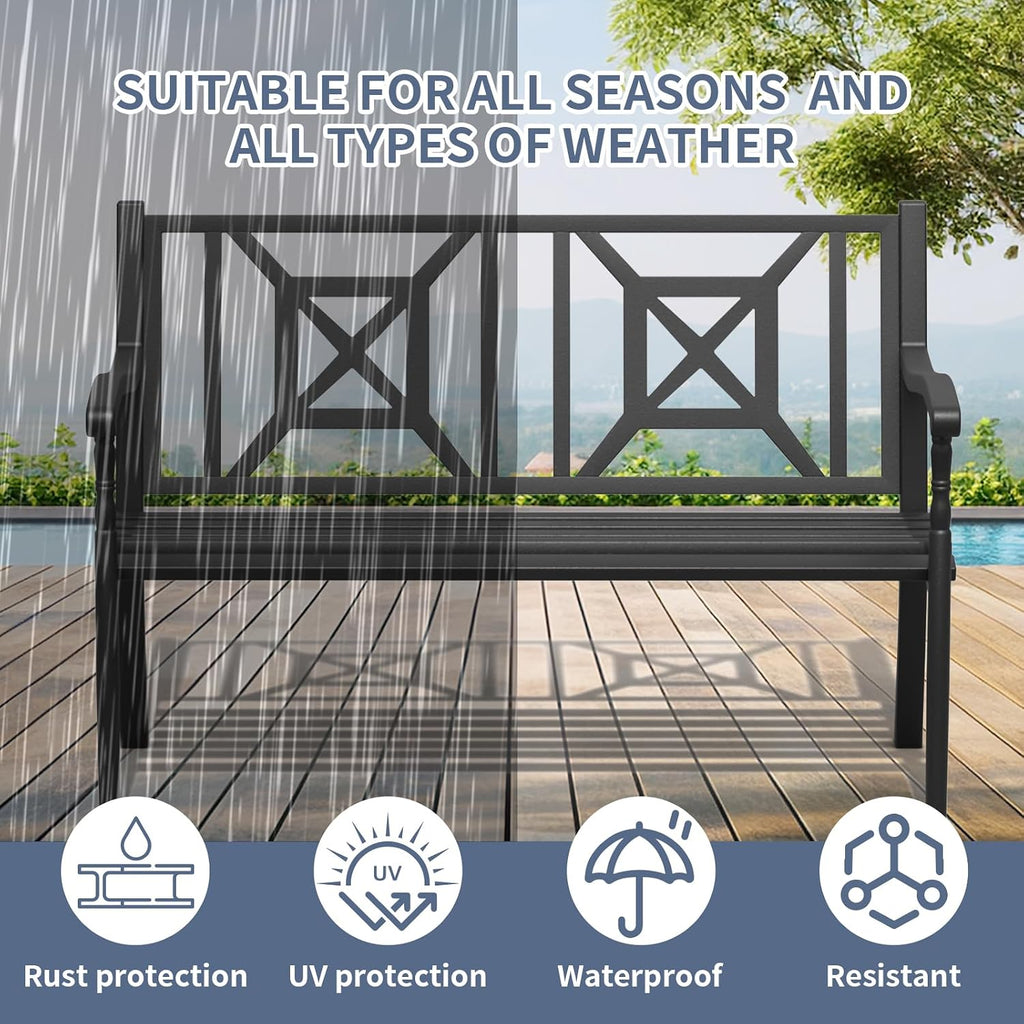 50'' Outdoor Bench, Garden Bench, Outdoor Metal Frame Patio Park Bench with Backrest and Armrests,for Porch