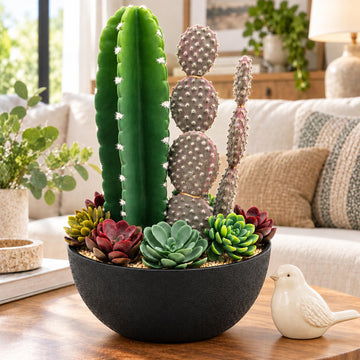 Artificial Cactus Plant Pot: 16 Inch Fake Cacti with 6 Small Succulents Plants for Coffee Table Patios Shelves