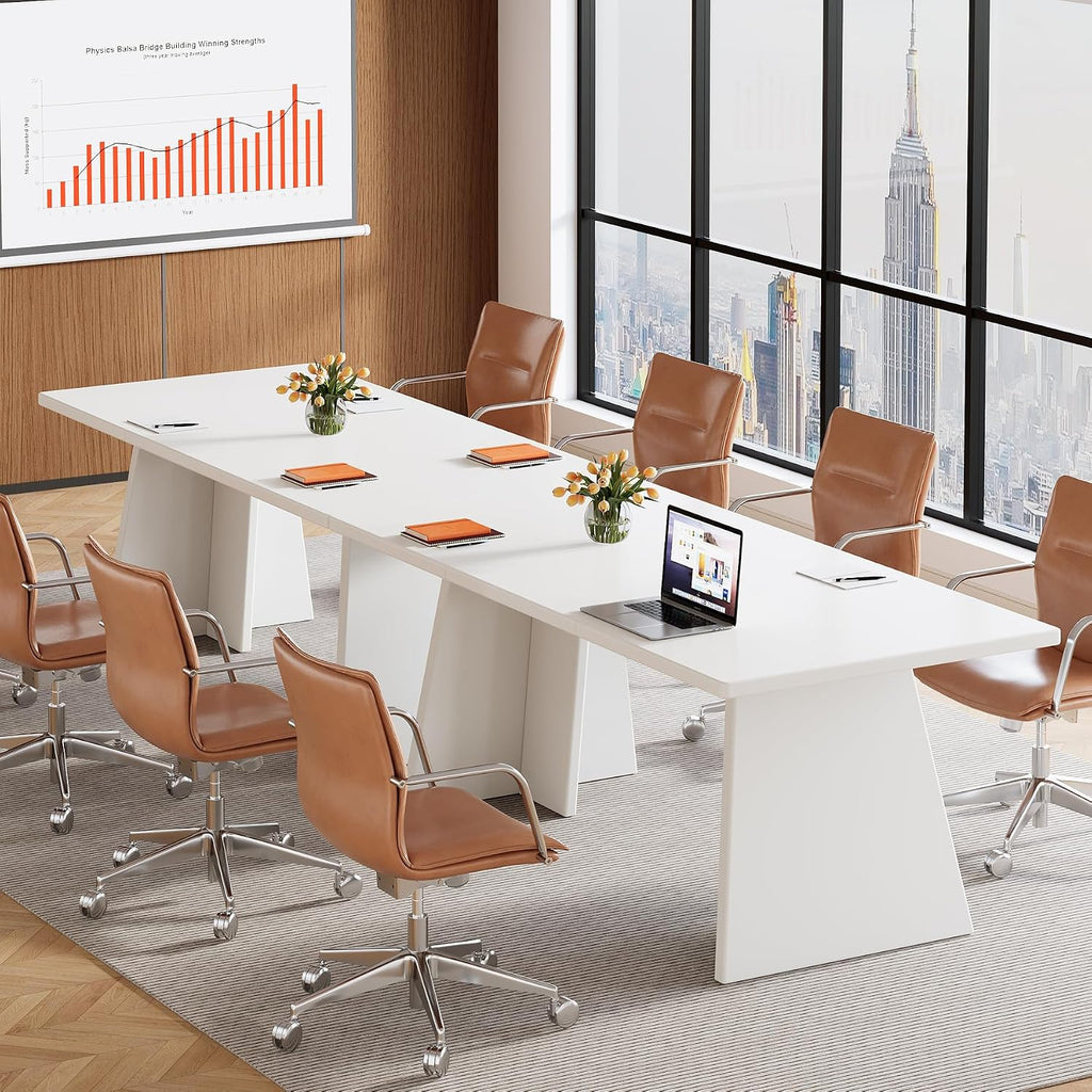 White Executive Desk, 63" Large Office Computer Conference Meeting Table with Wooden Robust Pedestal