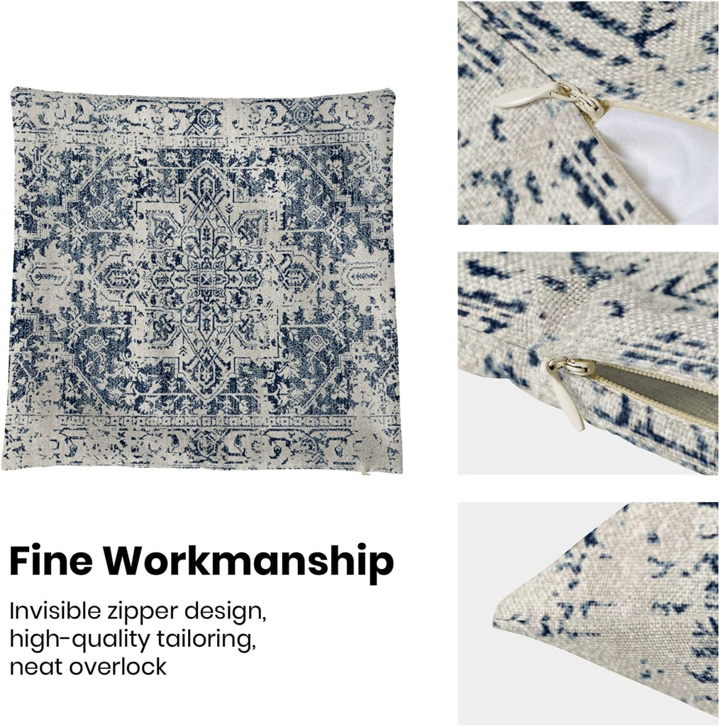 Boho Pillow Covers 20x20 Set of 2, Ethnic Design Decorative Throw Pillows Linen Blue Carpet Pattern Farmhouse Cushion