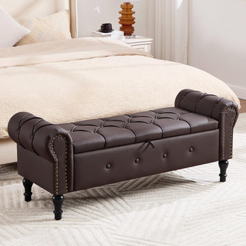 Storage Bench 51" Faux Leather End of Bed Benches Dark Brown | Queen Size Storage Bench with Rolled Arms Tufted