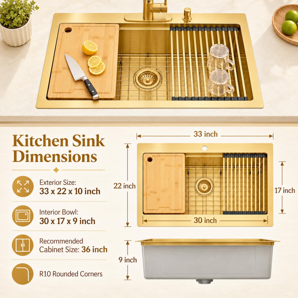Drop In Gold Kitchen Sink 33"X22", Single Bowl Modern Kitchen Sink