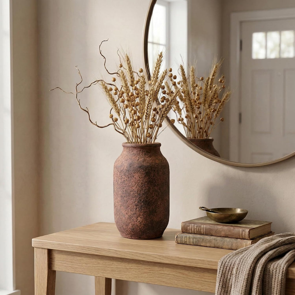 Terracotta Farmhouse Vase, 9 Inch Rustic Ceramic Flower Vases