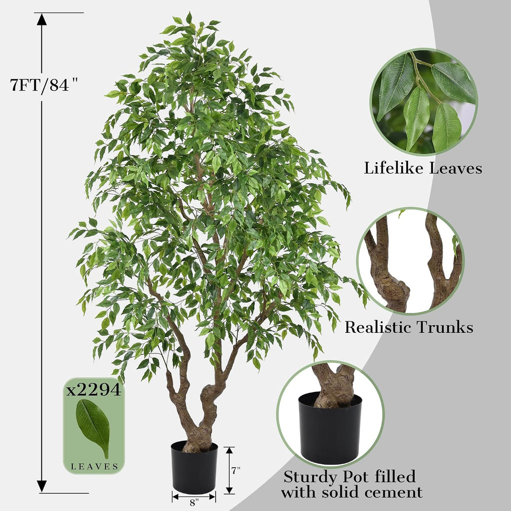 7ft Artificial Ficus Tree Indoor - Tall Faux Banyan Tree with 2294 Leaves & Realistic Trunk, 84" Large Fake Ficus