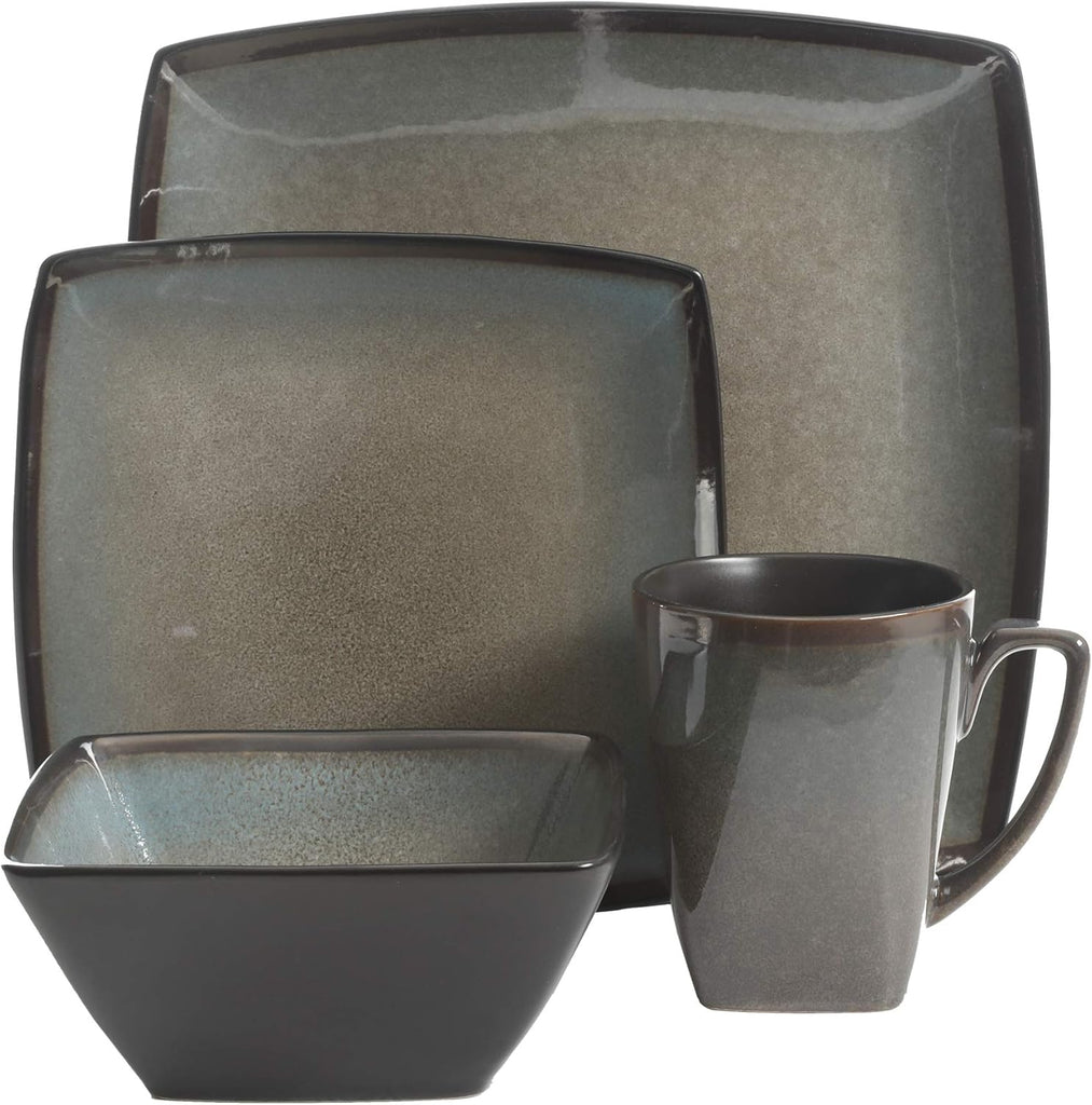 Tequesta Square Reactive Glaze Stoneware Plates and Bowls Dishes Dinnerware Set, Service for 4 (16pcs), Taupe