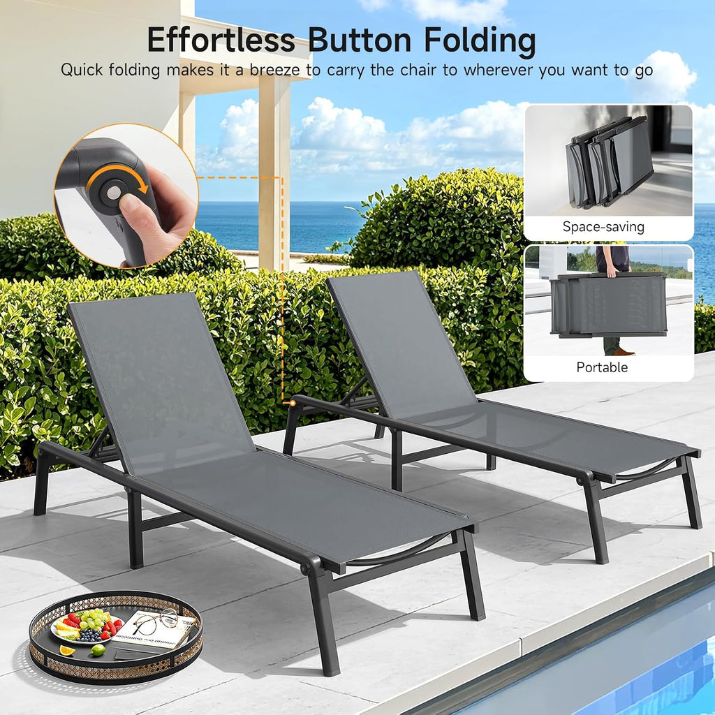 Aluminum Chaise Lounge Chair Outdoor for Outside Poolside, 1PC, Grey | Foldable & Assembly Free Outdoor Lounge Chair
