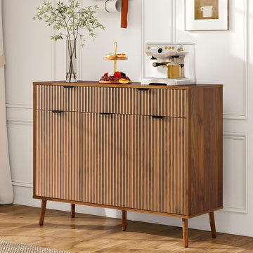 Fluted Sideboard Buffet Cabinet with Storage,2 Drawers and 3 Doors,Wood Coffee Bar Cabinet with Solid Wood Feet