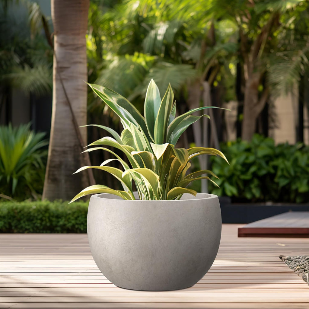 Large Round Bowl Weathered Concrete Planter 20" Dia, Outdoor | Rubber Plug for Indoor, Drainage for Garden