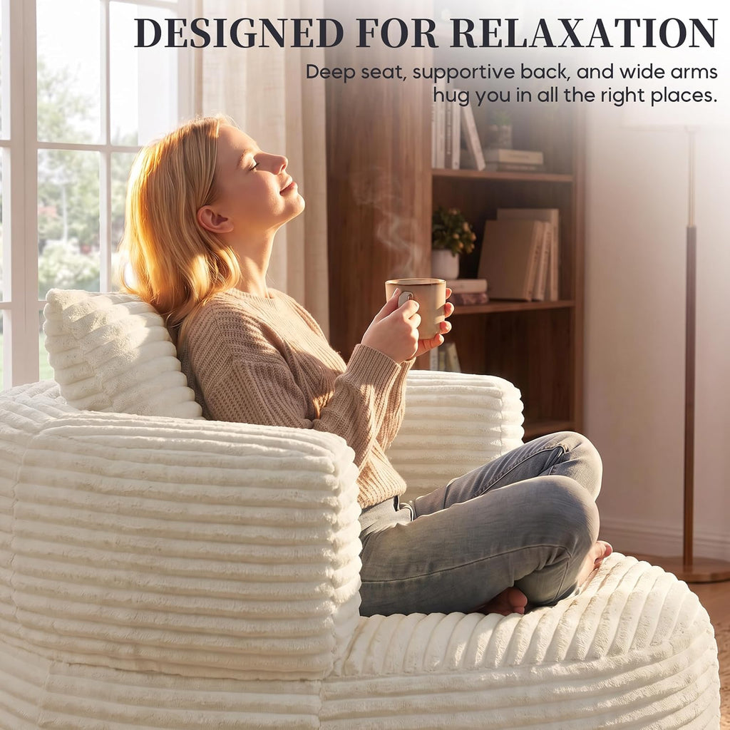 47.2" Round Accent Chair, Barrel Lounge Chair , White | Comfy Oversized Corduroy Upholstery Deep Seat Single Cuddle