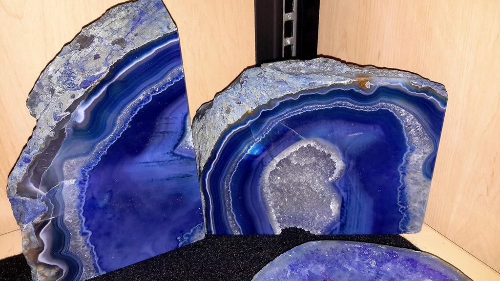 Blue Agate Quartz Geode Book Ends - Made from the Finest Grade Brazilian Agate