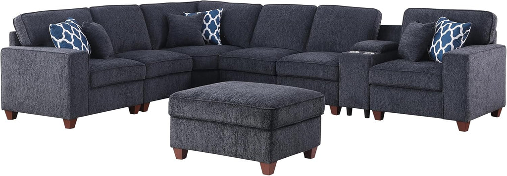 Ball & Cast 127" L-Shaped Sectional Couch with Movable Ottoman & 6 Throw Pillow,7 Seat Chenille Upholstered Sofa W/ 2