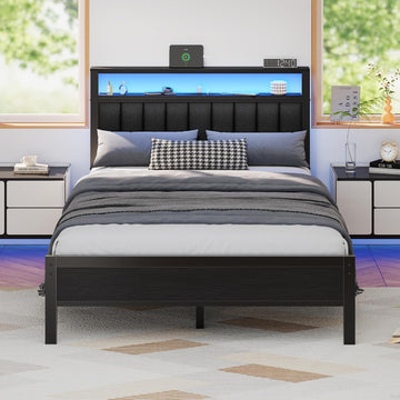 Full Bed Frame with Charging Station and LED Lights, Platform Bed with Metal Slats