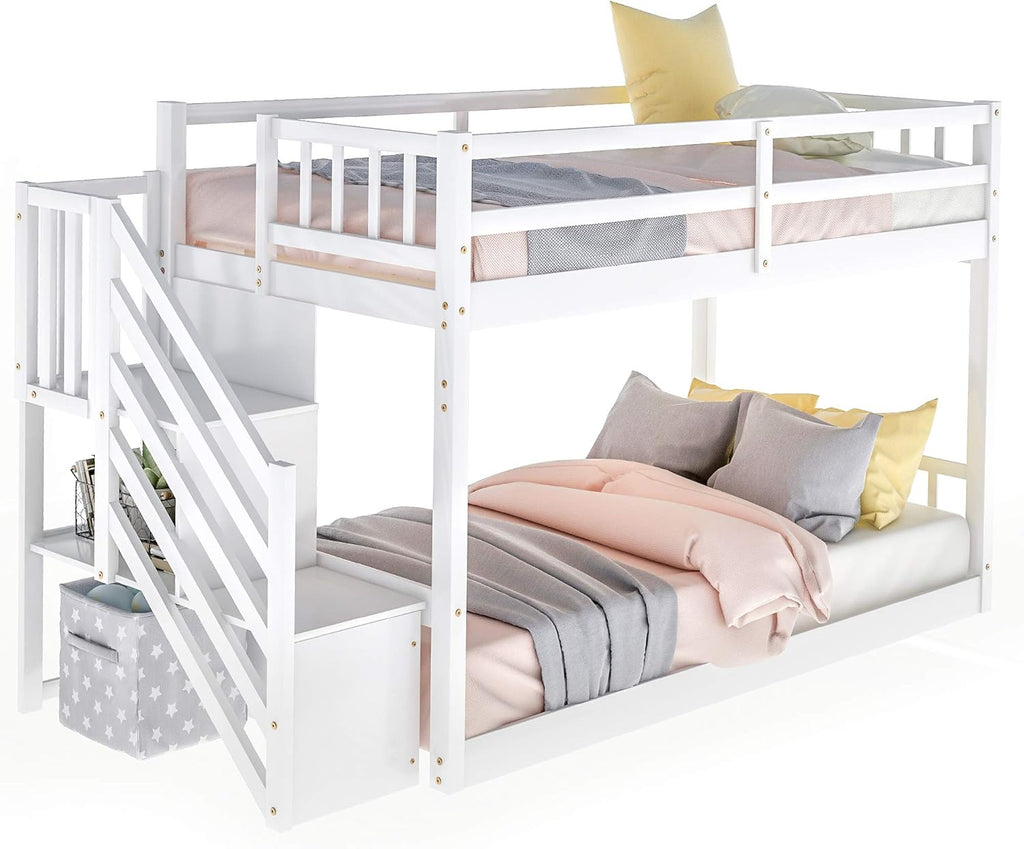 Low Bunk Beds Twin Over Twin with Stairs Solid Wood Bunk Bed Frame for Kids Boys Girls Teens, White