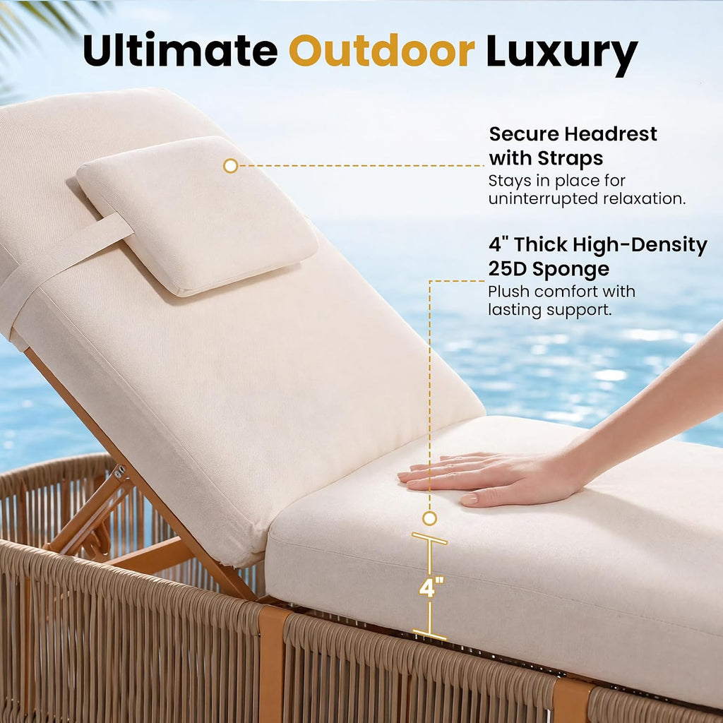 Patio Chaise Lounge Chairs Outdoor, Biege | 5-Position Adjustable Backrest, All Weather PE Rope Wicker, Modern