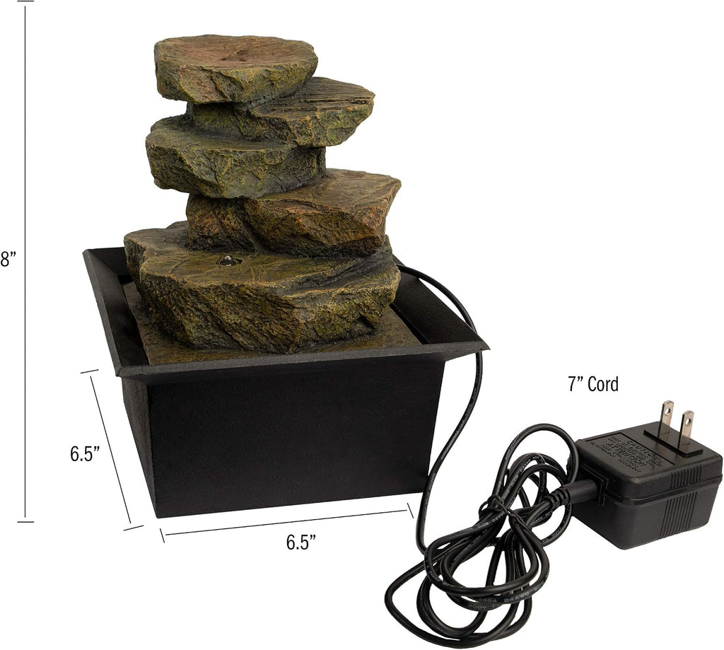 Tabletop Water Fountain- 8” Cascading Rock Formation Waterfall with LED Light, Electric Pump & Soothing Sounds Decor