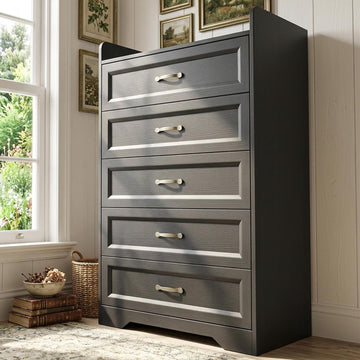5 Drawer Dresser, 44.3" H Chest of Drawers, Black Dresser , Modern Wood Storage Cabinet with with Large Capacity