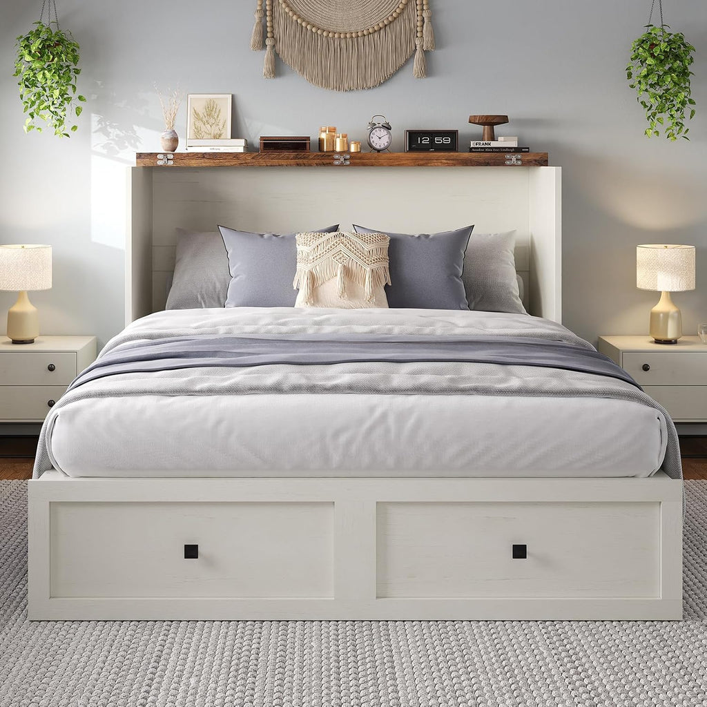 Full Murphy Bed with Charging Station, Cabinet Bed with Large Storage Drawer for Home Office or Small Room, Full
