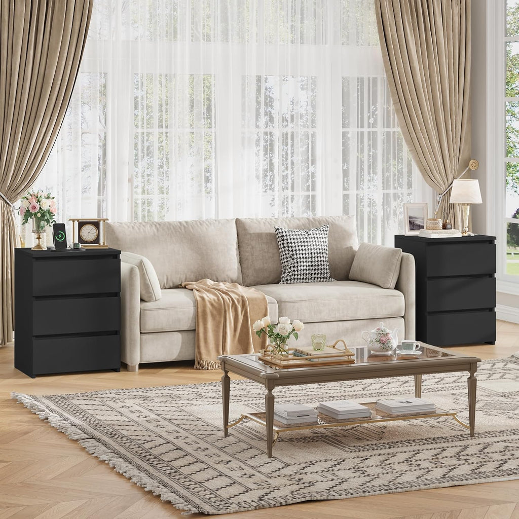 Nightstands Set of 2, 26" H Tall Black Night Stand with Charging Station & 3 Drawers, Modern Bedside Table Set 2 with