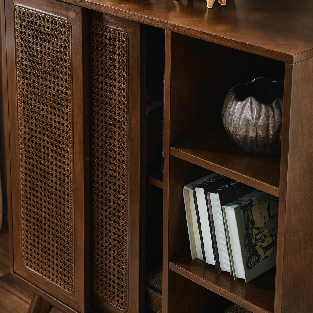 Mid Century Modern Small Rattan Sideboard Buffet Storage Cabinet | Real Wood Veneer Mid Century Storage Cabinet with