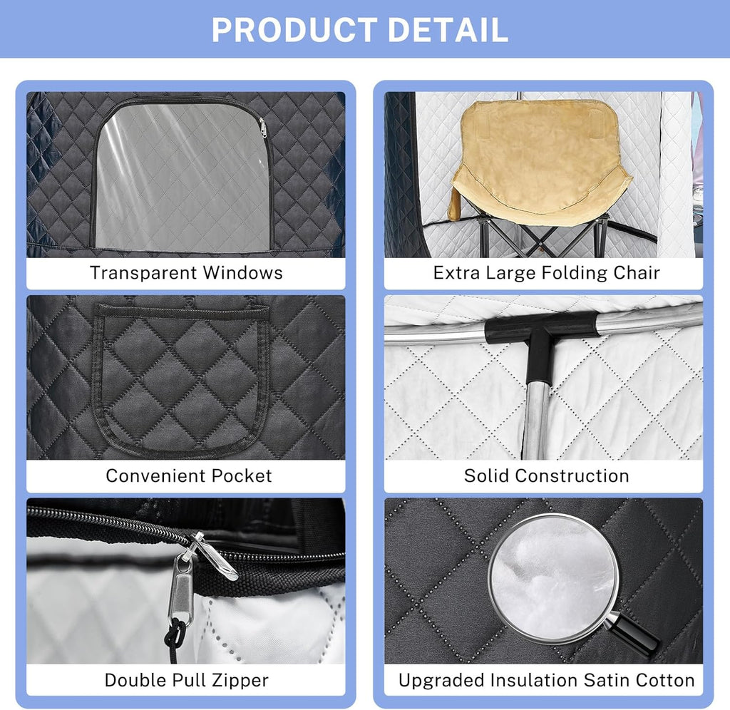 Portable Steam Sauna Box for Home, Person Saunas Tent for Spa Therapy,Relaxation,Detoxification,Gym,Pilates,Garage,Hot Tub,with Remote Control,Waterproof,Thermal Insulation,Indoor&Outdoor Black