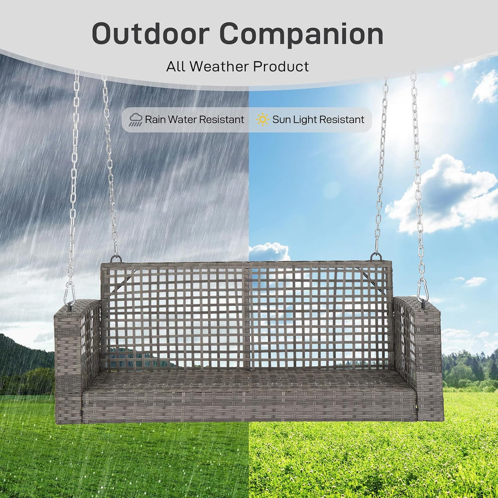 4FT Wicker 2-Person Porch Swing with Cushions Hanging Chains | Sturdy hanging patio swing for adults, supports up to