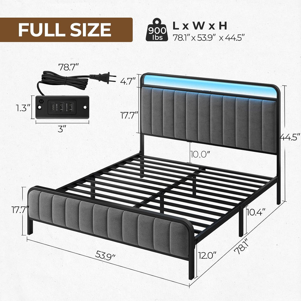 Full Bed Frame with LED Light and Charging Station, Upholstered Headboard and Footboard, Metal Slat, Noise Free