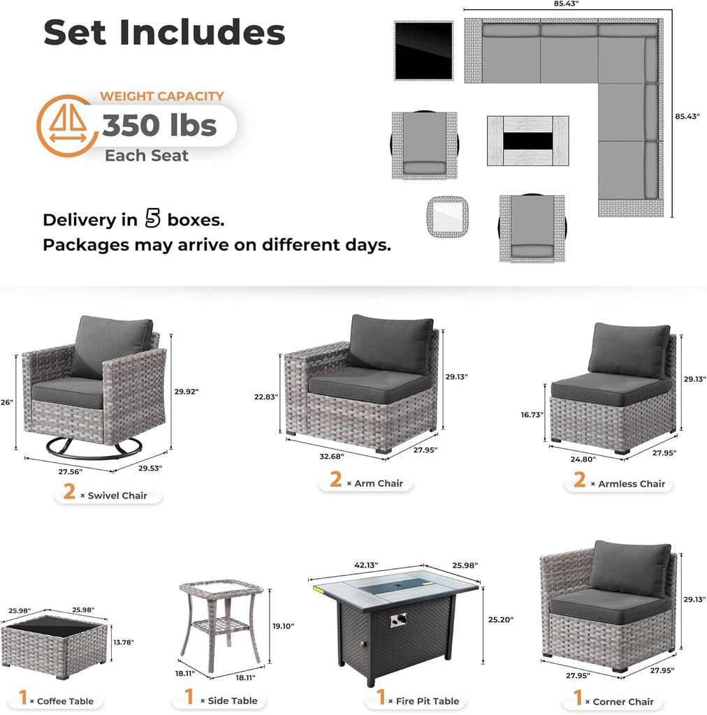 10 Pieces Patio Furniture Set, Outdoor Wicker Sectional Sofa with 42" Fire Pit Table Swivel Chairs