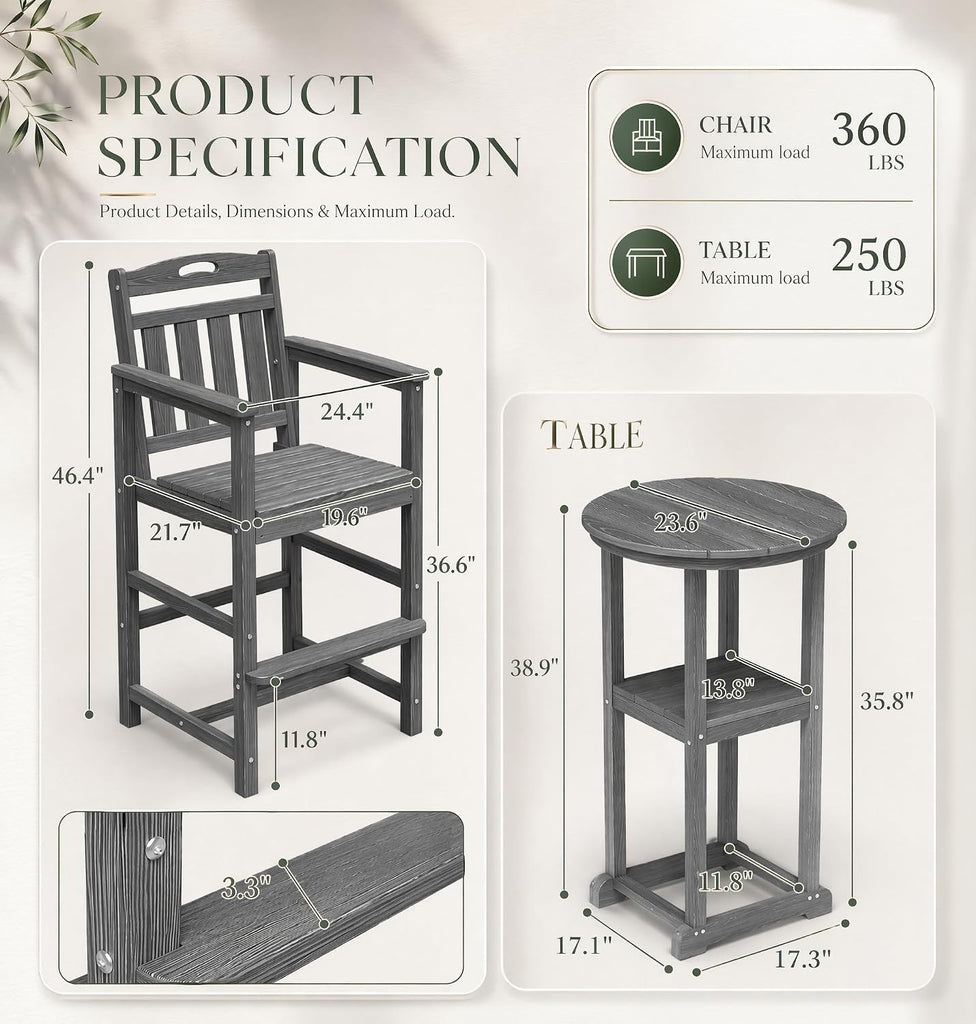 3-Pc Bistro Set High Top Table 2 Adirondack Chairs HDPE Round Grey | Round w/shelf. HDPE wd-grain, adj