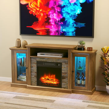 Fireplace TV Stand for 65 Inch TV, Entertainment Center with 18 inch Electric Fireplace & LED Lights,Mordern Media