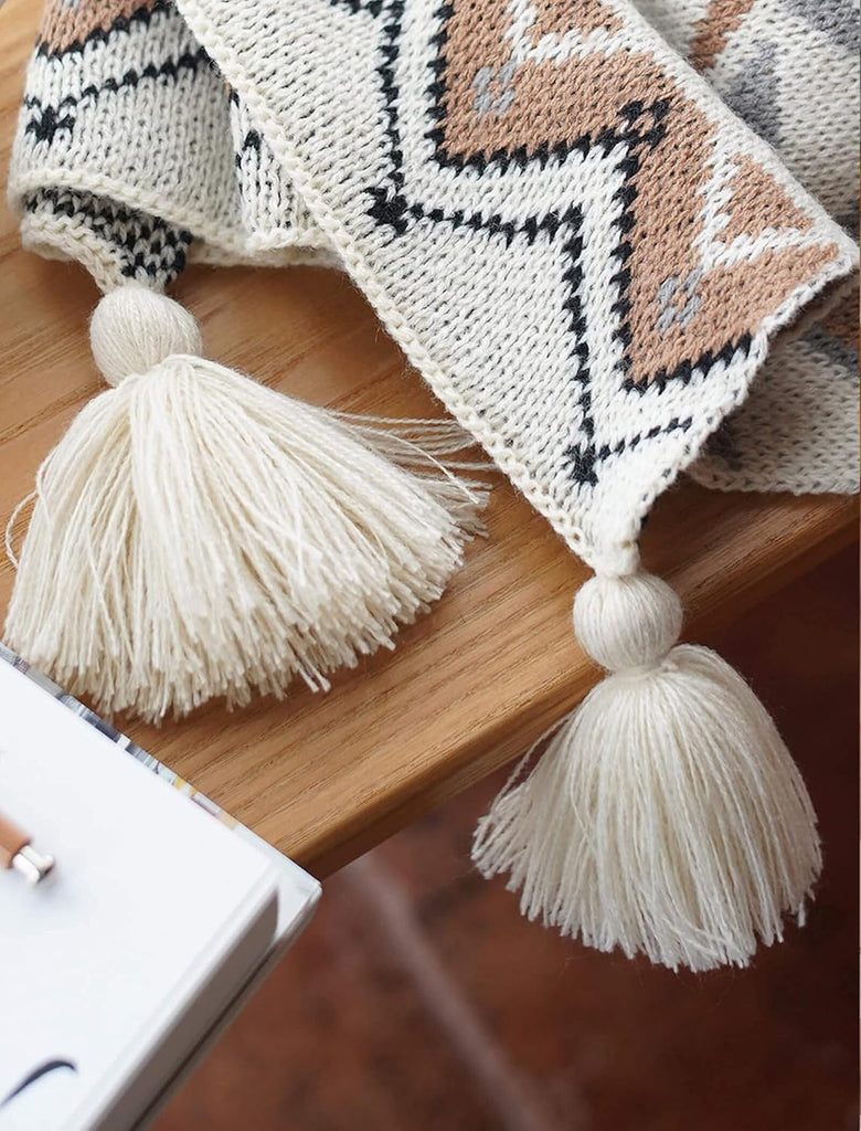 Boho Throw Blanket, Knitted Brown Tassel Throw Blankets, Soft Lightweight Vintage Tan Throw Blanket