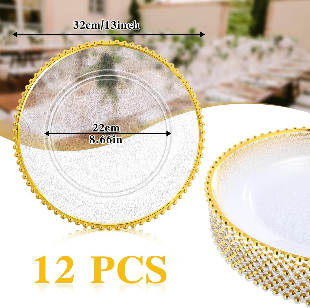 Clear Charger Plates Bulk 13 Inch Plastic Round Beaded Dinner Chargers Acrylic Frosted Grain Decorative - Set of 12
