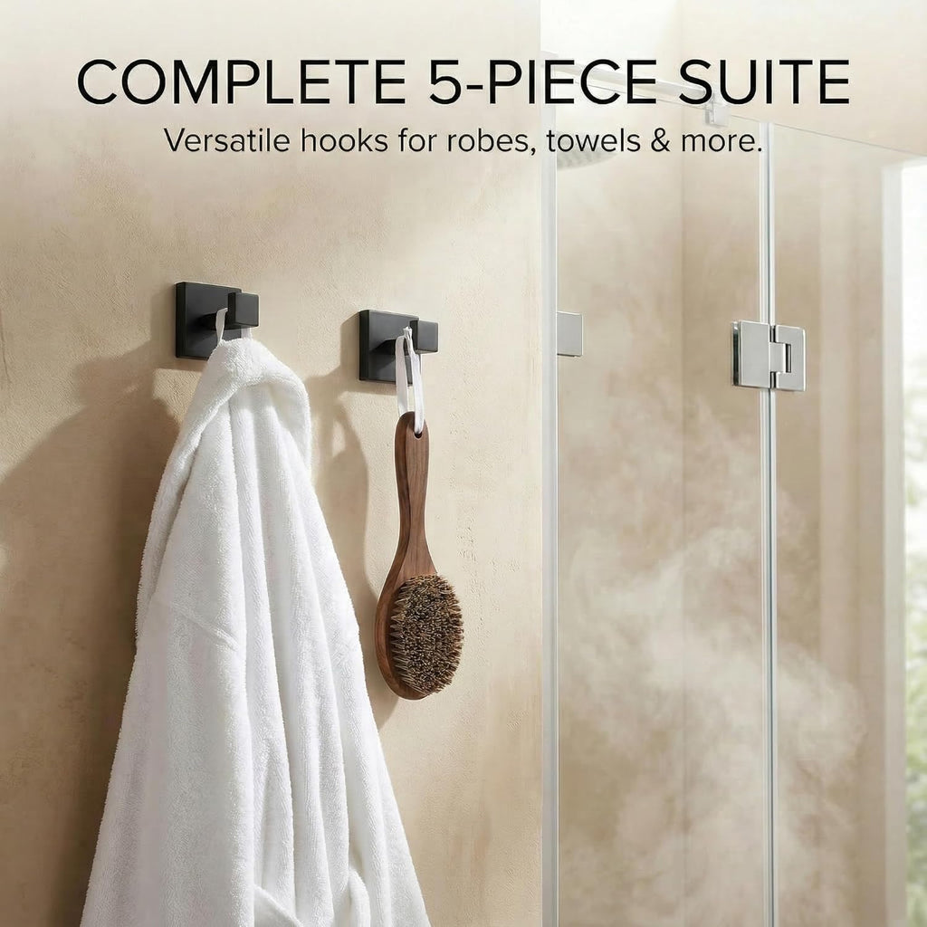 Matte Black Bathroom Hardware Set 5-Piece, Modern Square SUS304 Stainless Steel Bath Accessory Kit with 23.6" Towel