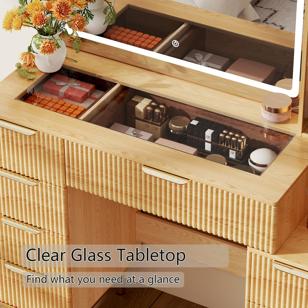 Modern Vanity Desk with 31.5" Mirror and Lights,Makeup Vanity Table with 8 Drawers,Makeup Desk with Power