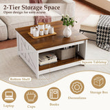 Farmhouse Coffee Table, 31 Inch Square Wood Coffee Table with Storage Shelf