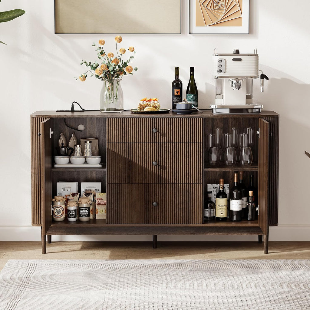 59" Buffet Cabinet with Drawers, Large Fluted Sideboard Buffet Storage Cabinet with Charging Station