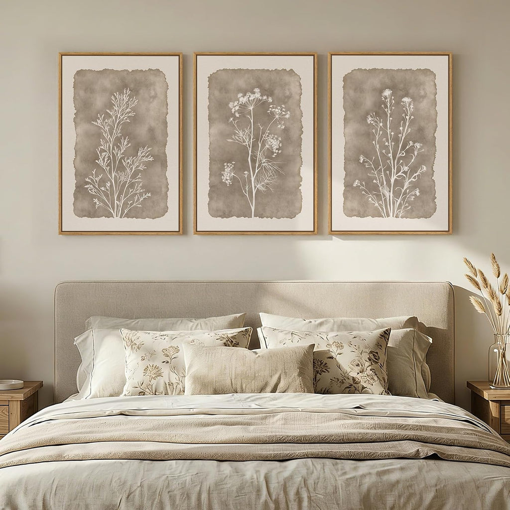 3 Piece Framed Neutral Botanical Wall Art Set, Large Farmhouse Floral Canvas Prints Paintings, Minimalist Wildflower