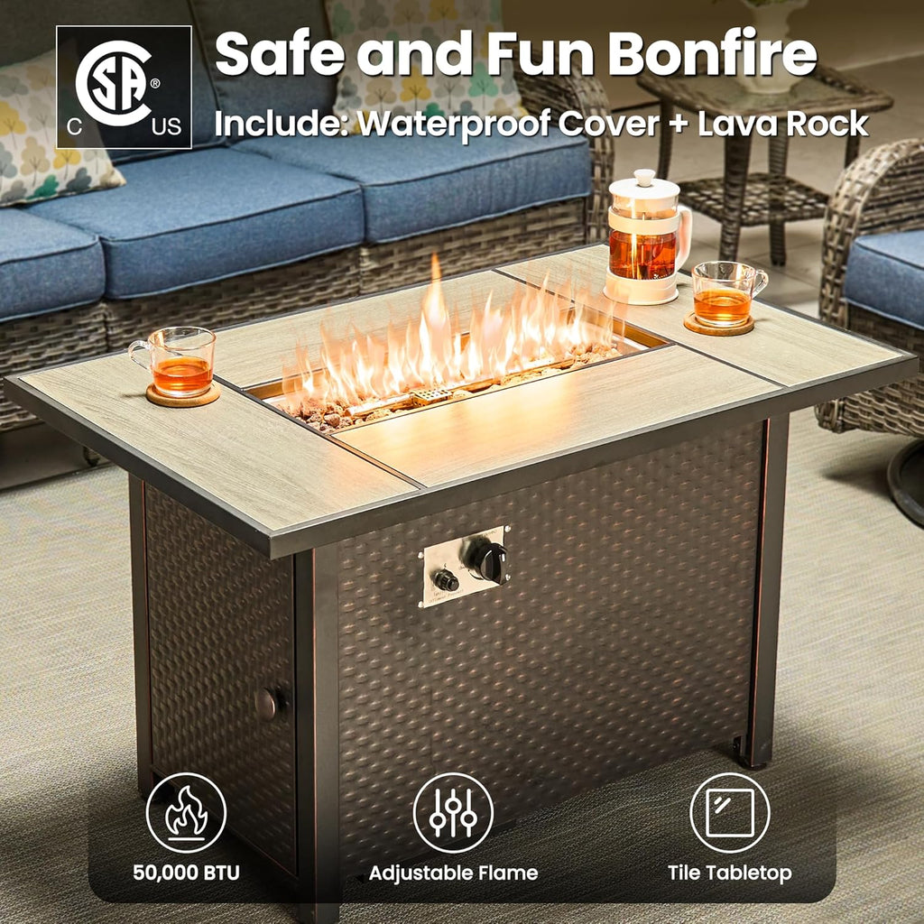 5-Piece Patio Furniture Set with Swivel Chairs Coffee Table, Outdoor Wicker Sofa with 42" Fire Pit Table