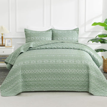 Sage Green Striped Twin Quilt Set, 2 Pieces — Reversible Lightweight Bedspread (68" x 86")