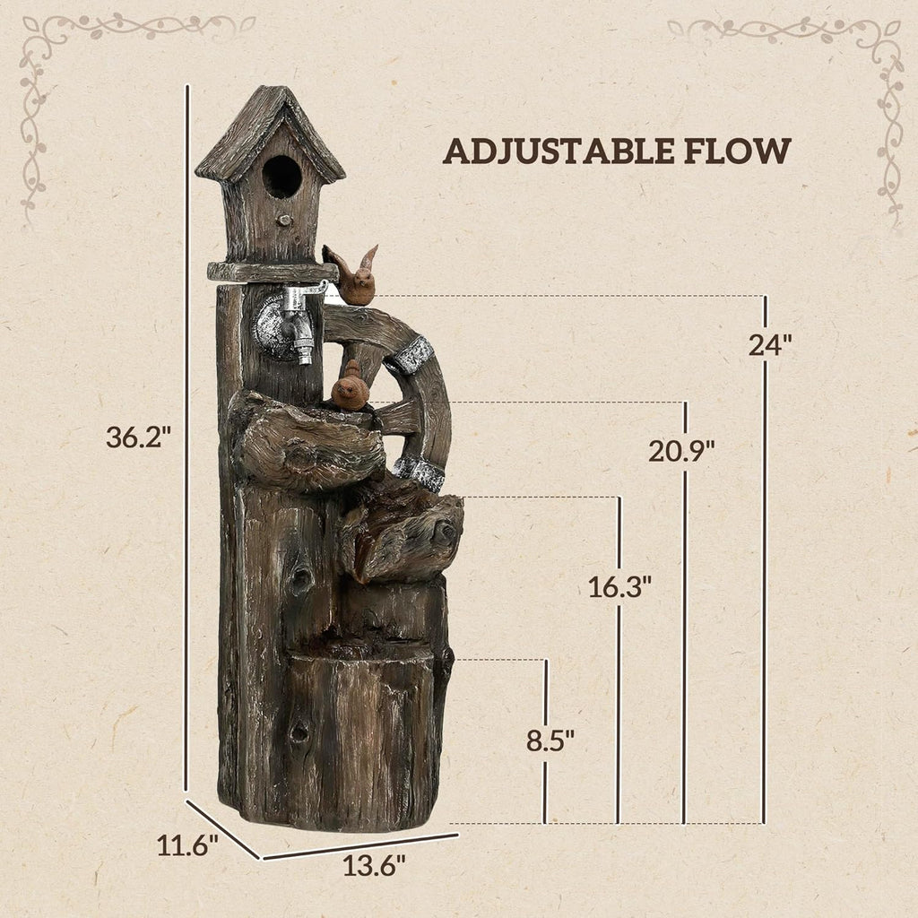 Outdoor Water Fountain, Decorative Garden Birdhouse, 3-Tier Cascading Waterfall with LED Lights and Water Wheel